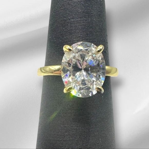 Sterling Silver Gold Vermeil Oval CZ Stone Ring, Size 4.25 - Picture 1 of 6